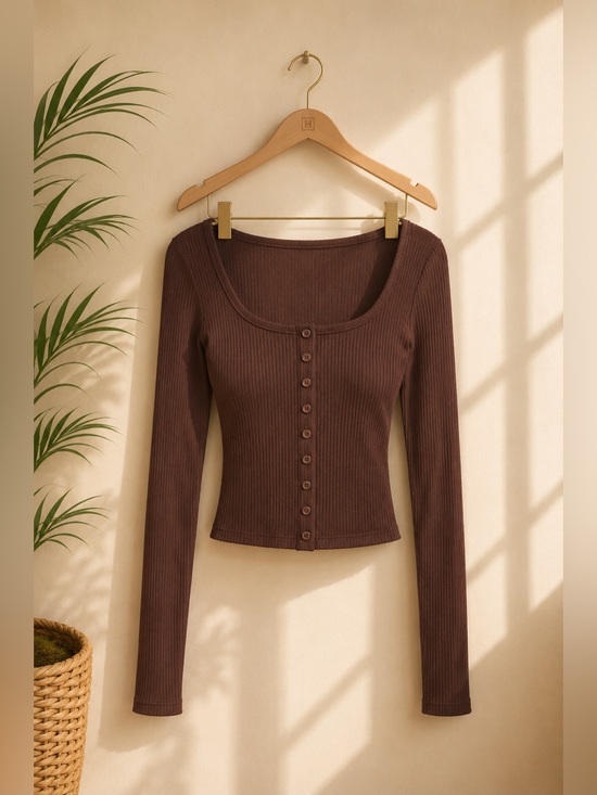 Fashion Nova Tops - Brown Long Sleeve Button-Up Top